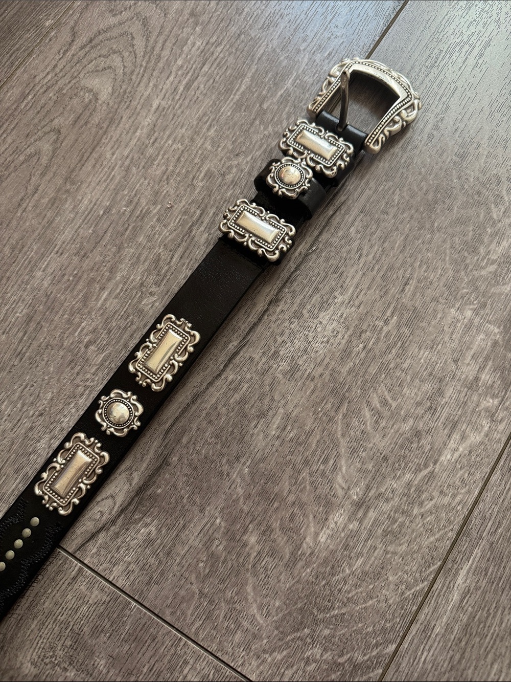 Olga Santini Vintage Black Leather Western Concho Belt Ornate Silver Hardware M